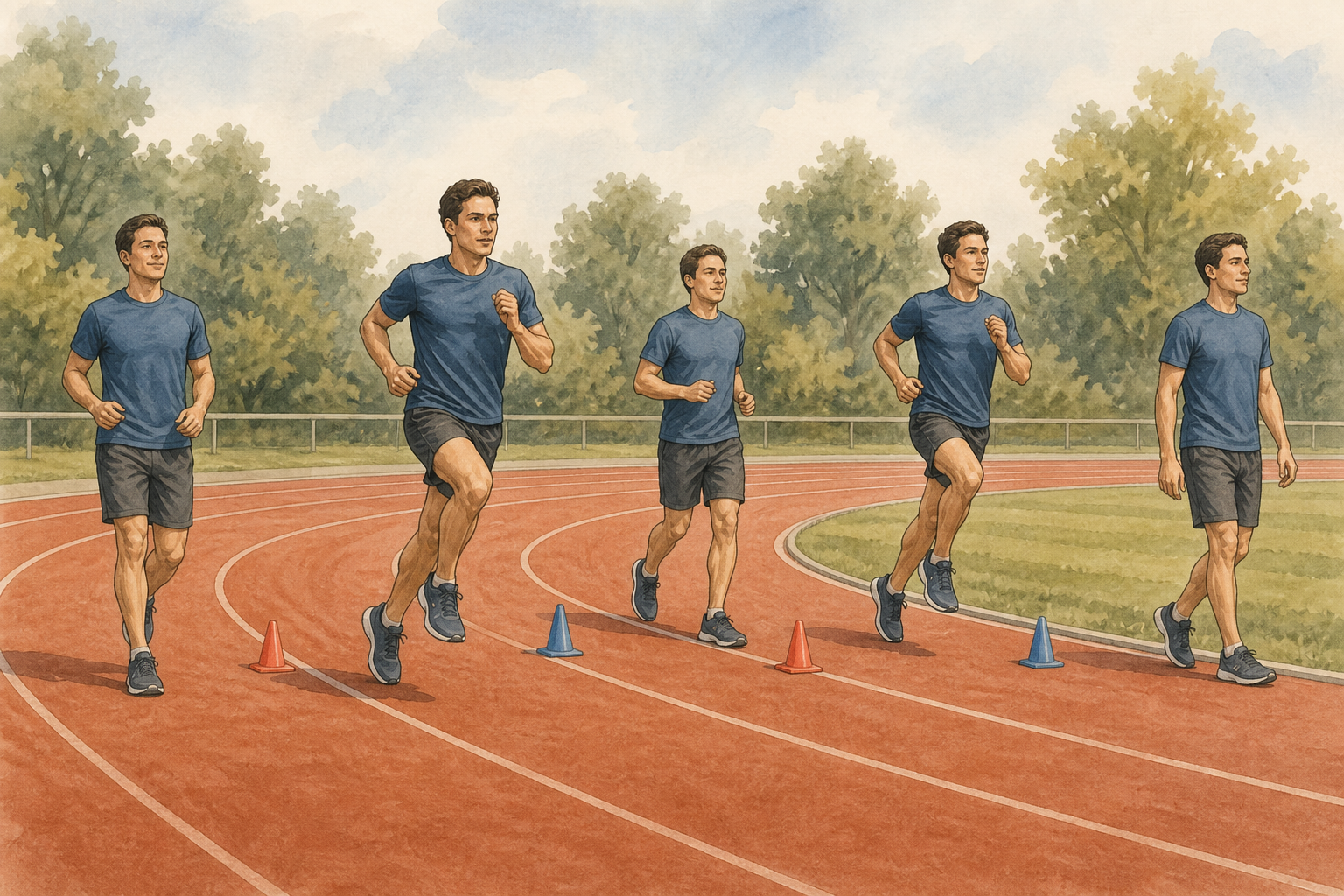 Instructional illustration of a runner warming up, completing two controlled track repetitions with a slow jogging recovery, and stopping with good form