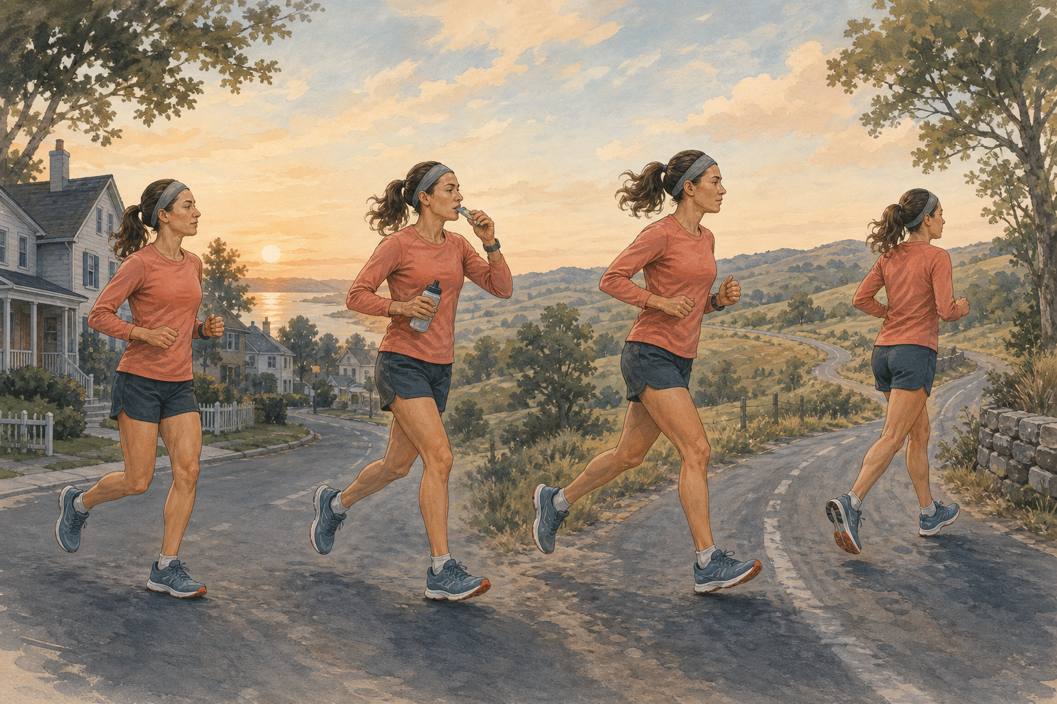 Instructional illustration of a runner beginning easily, taking a gel and water, running a controlled late segment on rolling roads, and easing down