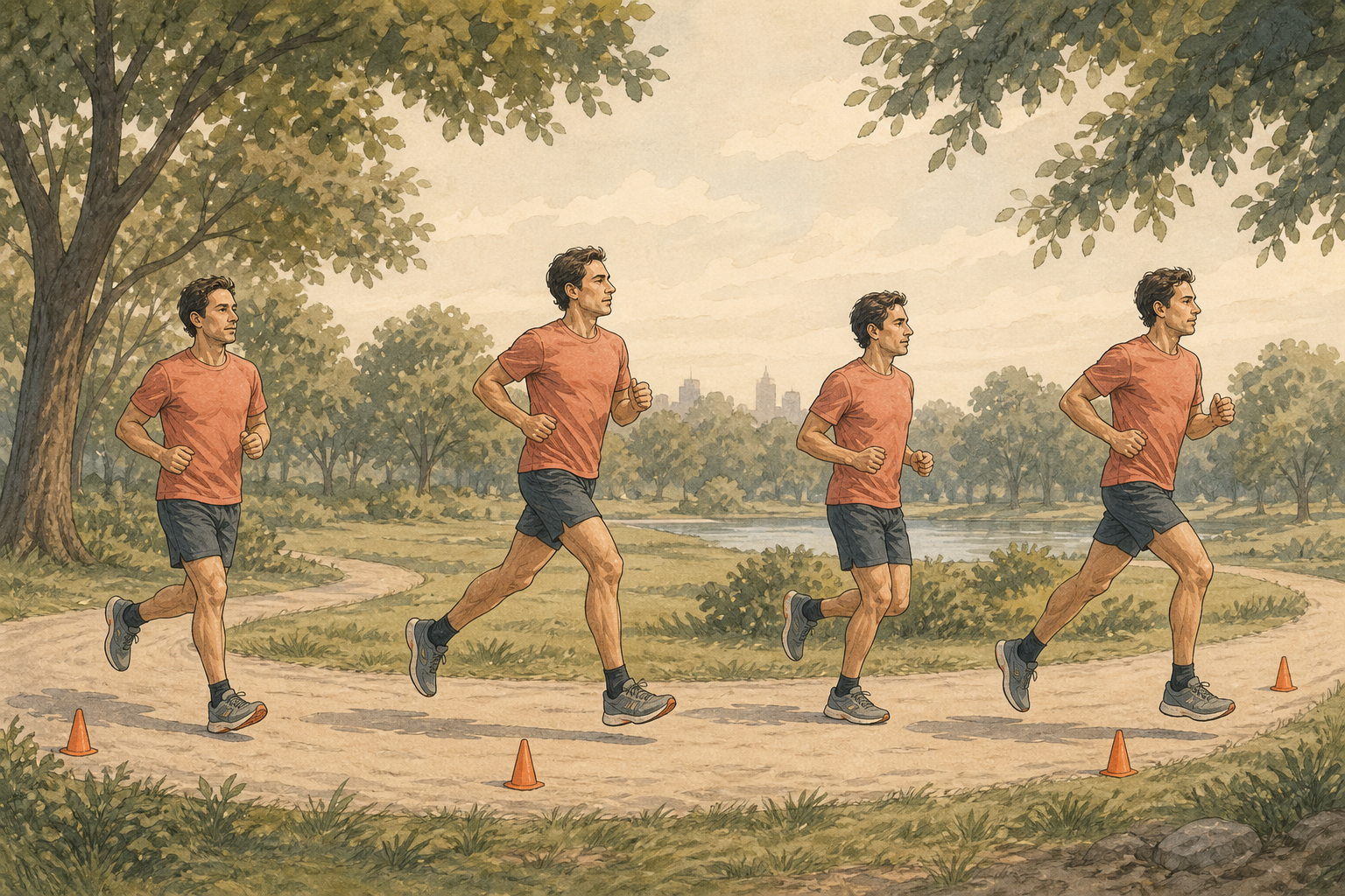 Sequential illustration of a runner warming up, running a controlled threshold segment, jogging an easy recovery, and repeating the work on a park loop