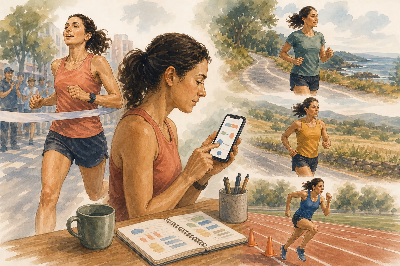 Editorial illustration of a runner finishing a measured effort, entering the result into a calculator, then running easy, threshold, and interval sessions