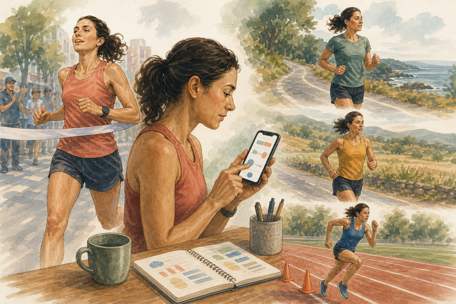 Editorial illustration of a runner finishing a measured effort, entering the result into a calculator, then running easy, threshold, and interval sessions