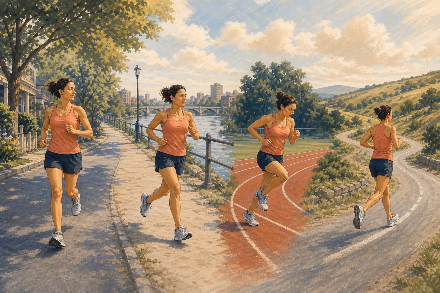 Runner using an easy path, a measured workout segment, and a long run to show different training purposes