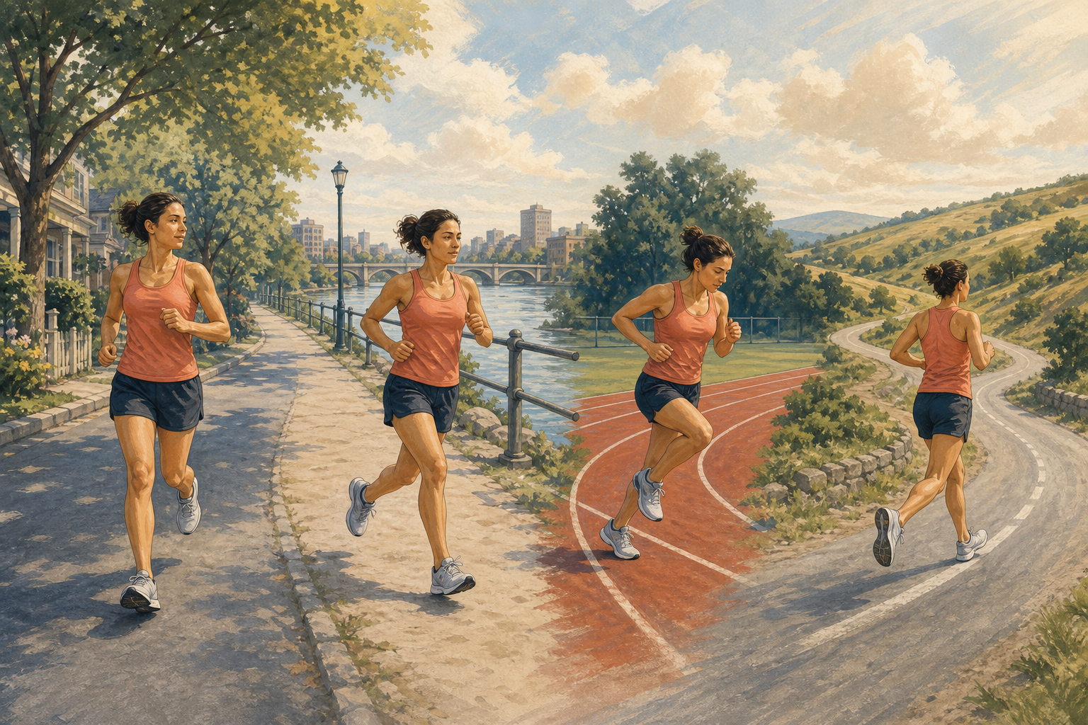 Editorial illustration of one runner moving through an easy road run, a controlled riverside tempo, track repetitions, and a patient long run